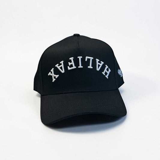 Black cap with 'HALIFAX' embroidered on a white background