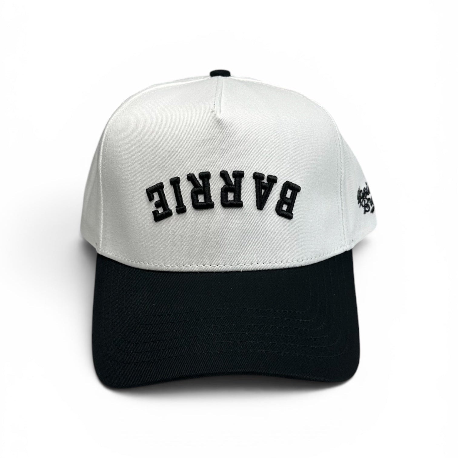 Barrie-Hat-Snapback-white-black-Upside-Brand-Front1