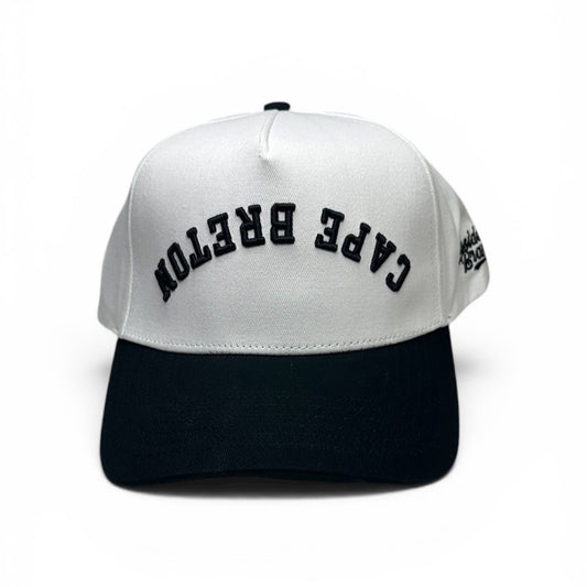 Cape-Breton-Hat-Snapback-white-black-Upside-Brand-Front