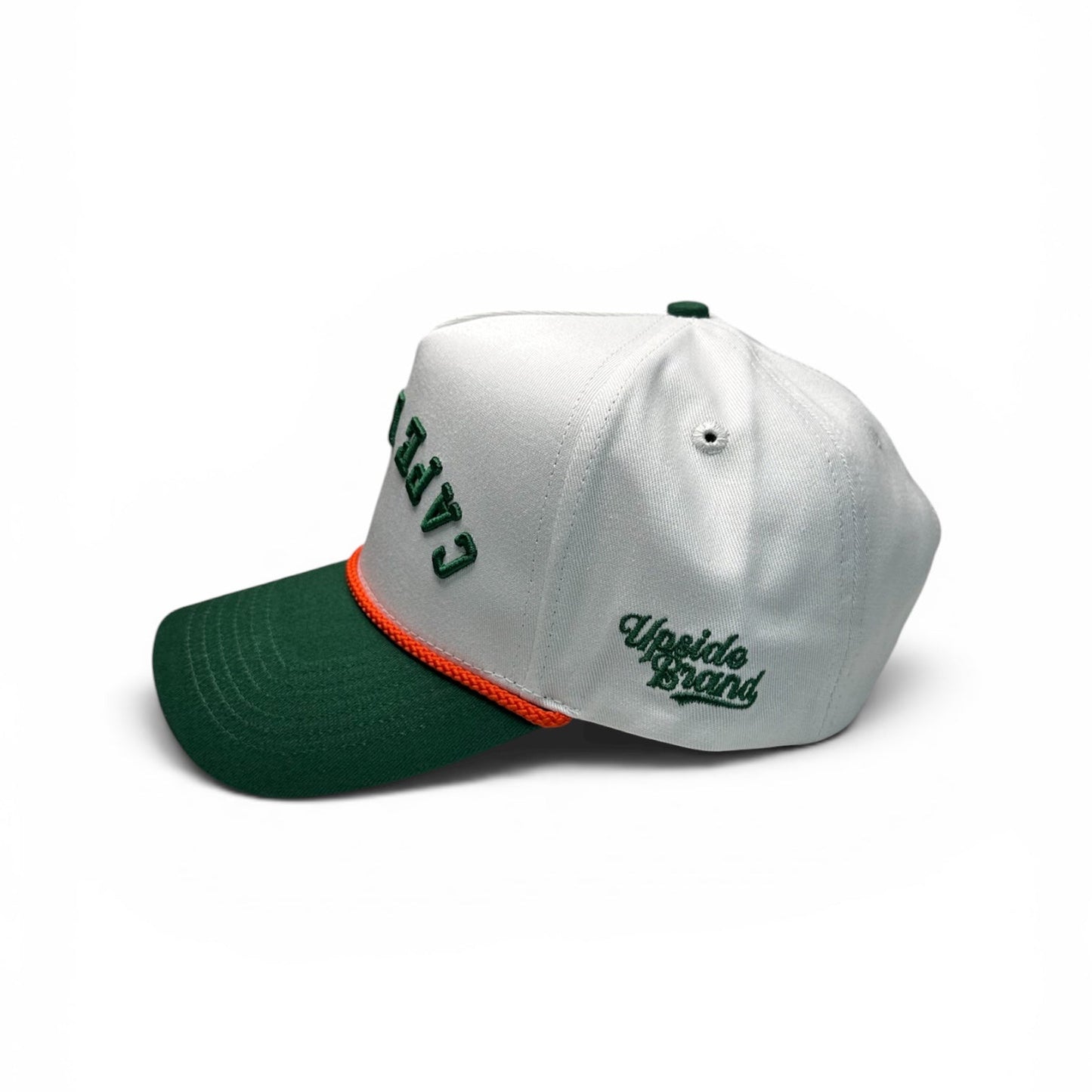 Cape-Breton-Snapback-Hat-Upside-Brand-White-Green-Caper-capers-side