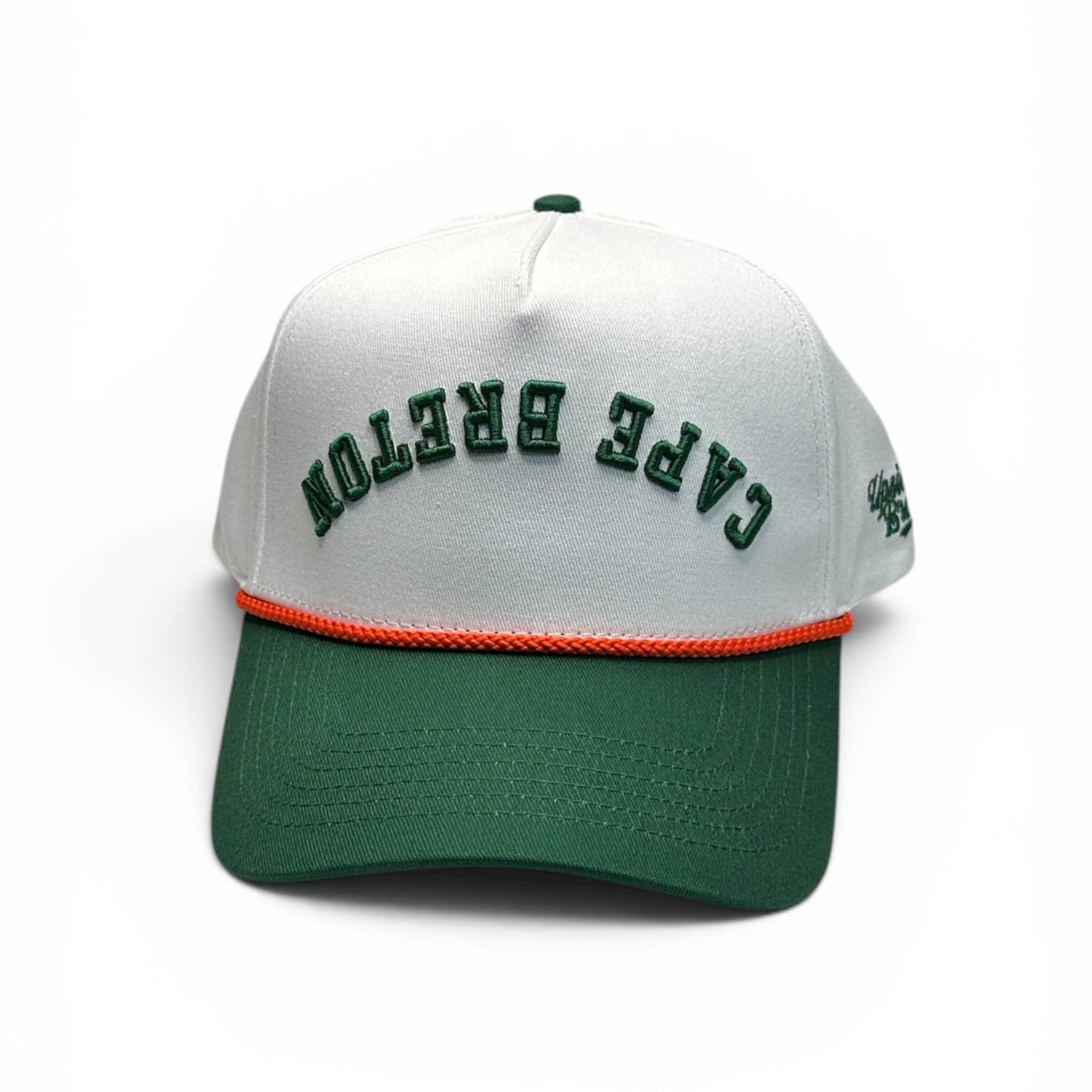 Cape-Breton-Snapback-Hat-Upside-Brand-White-Green-Caper-capers