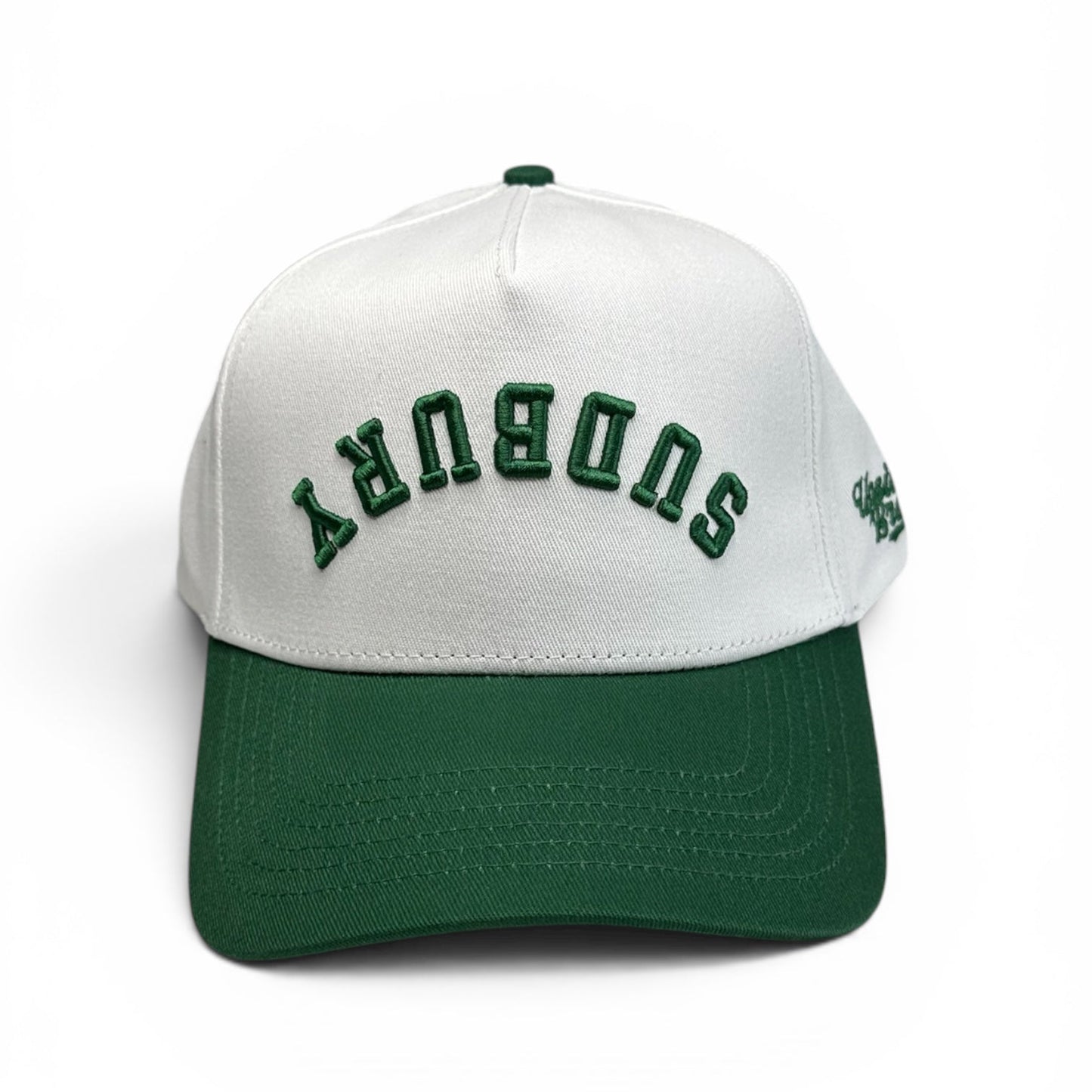 Sudbury-Hat-Snapback-white-Green-Upside-Brand-Front
