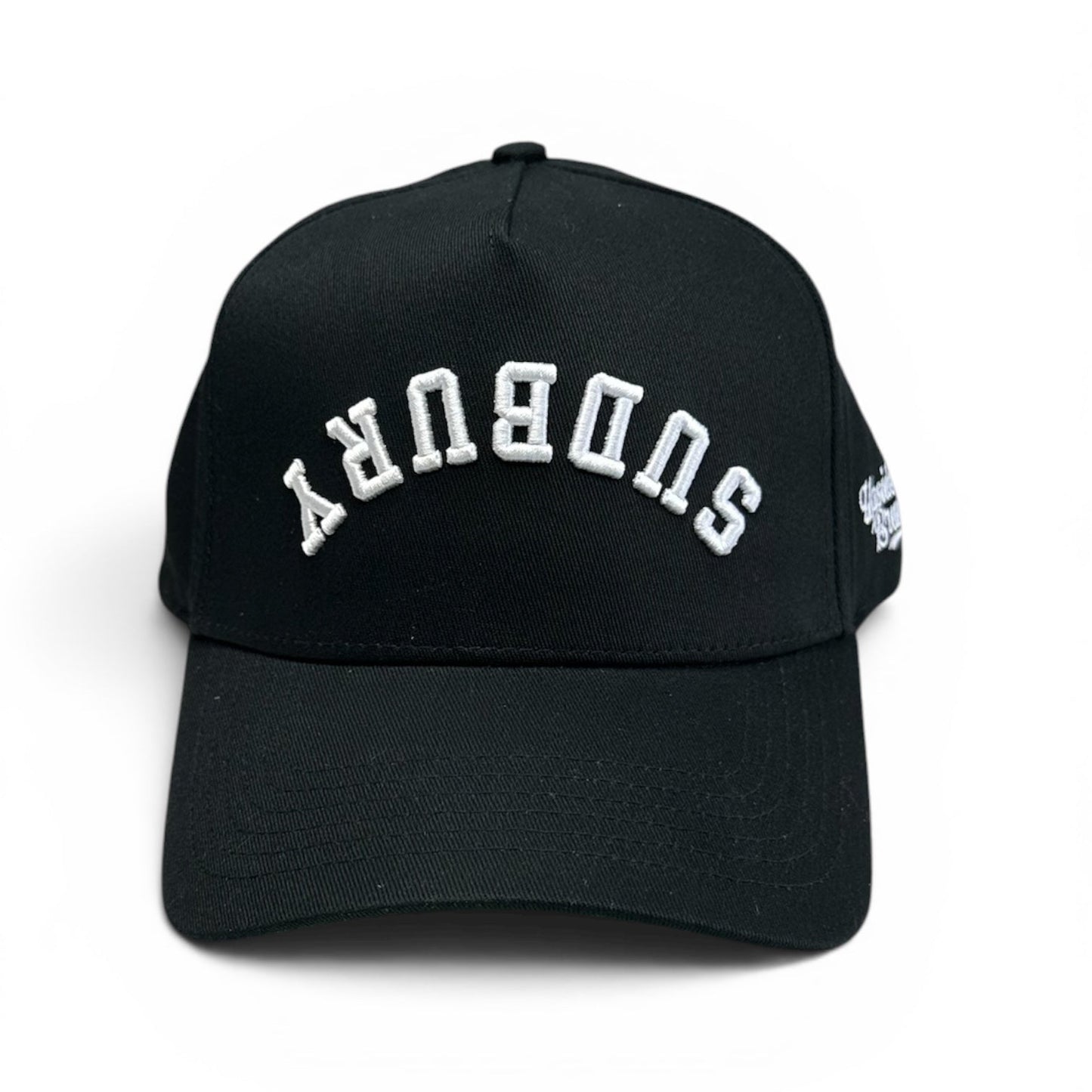 Sudbury-Hat-Snapback-white-black-Upside-Brand-Front