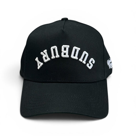 Sudbury-Hat-Snapback-white-black-Upside-Brand-Front